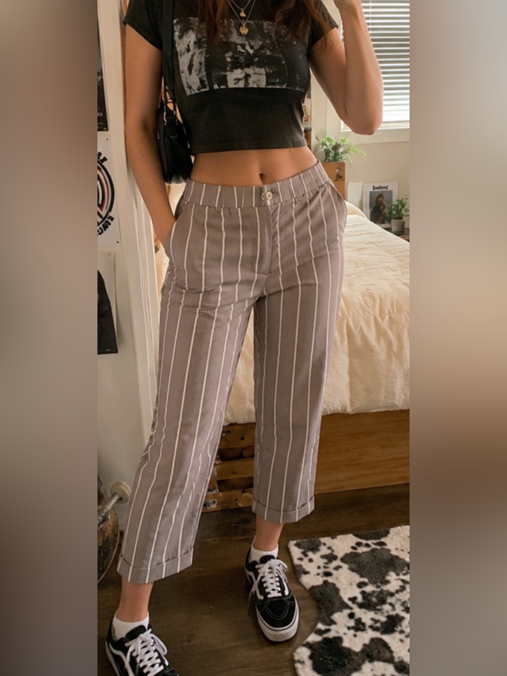 Ivy and Main Tan Striped Ankle Cropped Pants -Skater Chic Trendy Size Med